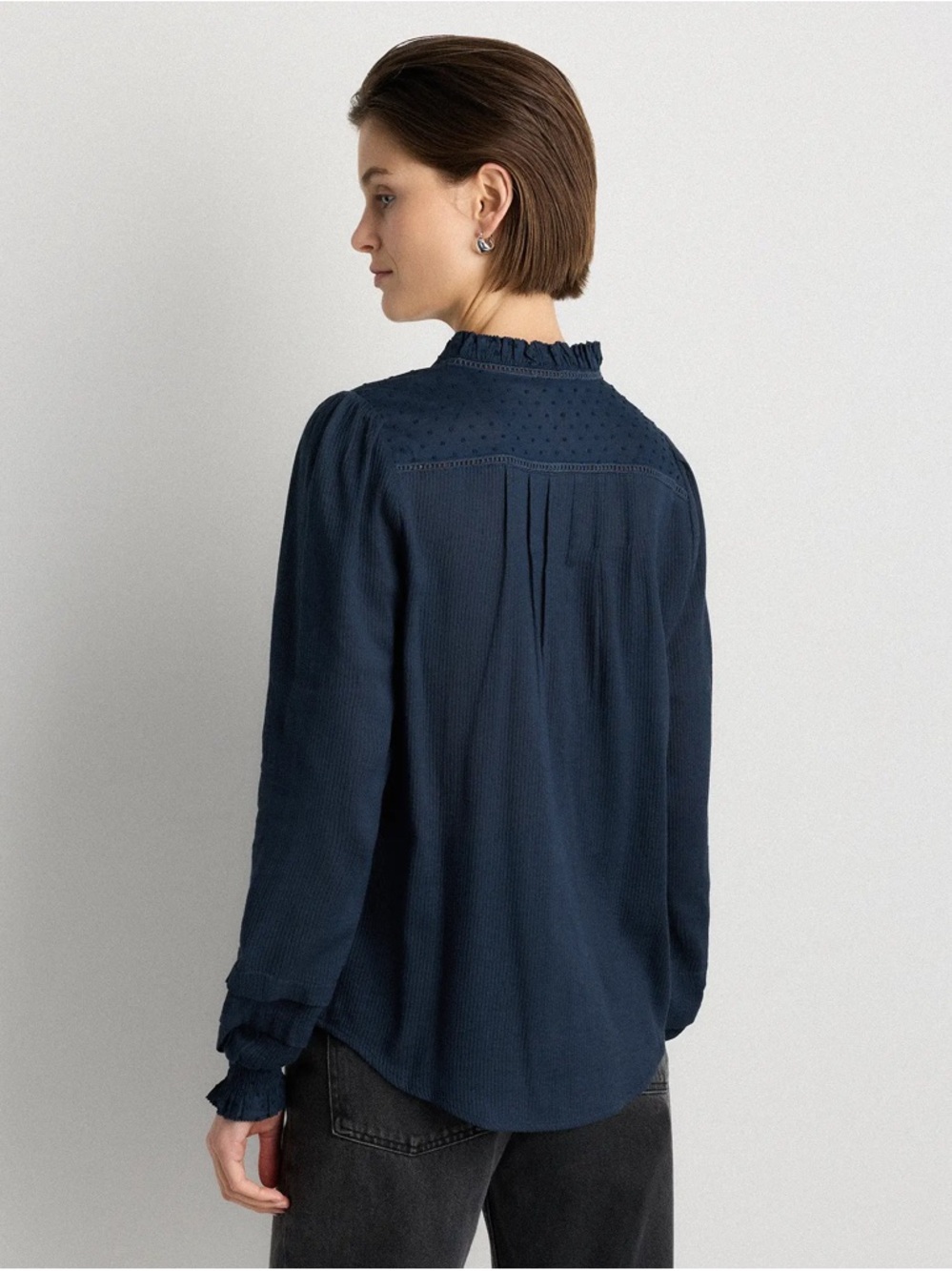 Quince Organic Textured Cotton Peasant Classic Navy Ruffle Sleeve‎ Blouse XL - Picture 6 of 14